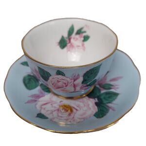 Roslyn Teacup & Saucer Set England Light Blue Roses No Handle Fine Bone China